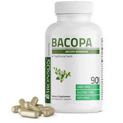 Bronson frasco frontal Bacopa mostrando etiqueta y beneficio para la función cerebral