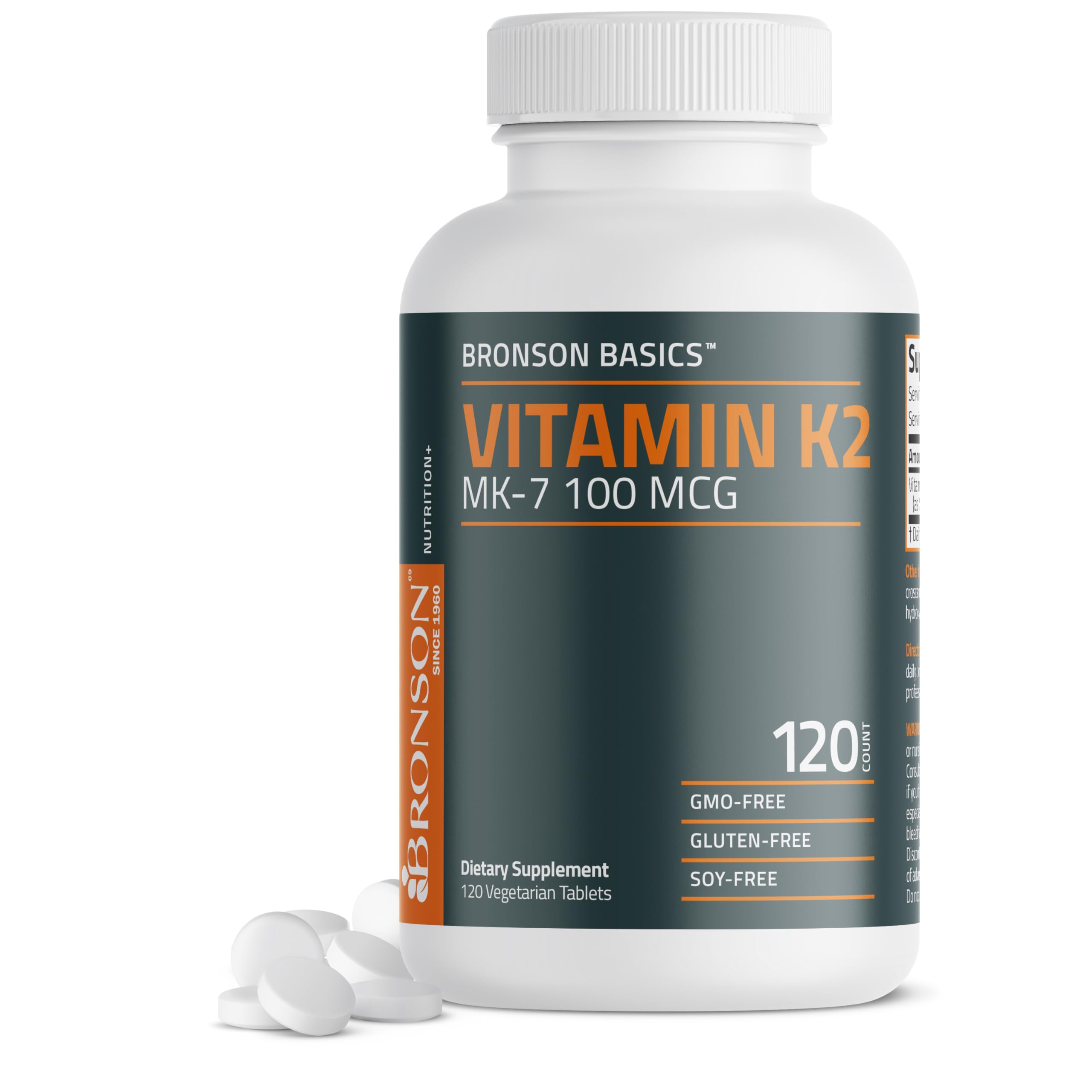 Bronson frasco frontal de Vitamin K2 MK‑7 120 tabletas muestra dosis clara