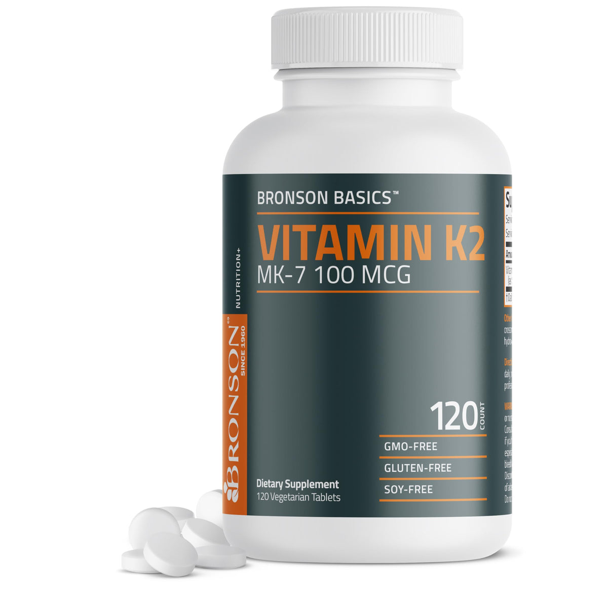 Bronson frasco frontal de Vitamin K2 MK‑7 120 tabletas muestra dosis clara