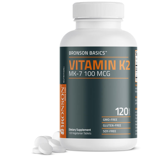 Bronson frasco frontal de Vitamin K2 MK‑7 120 tabletas muestra dosis clara