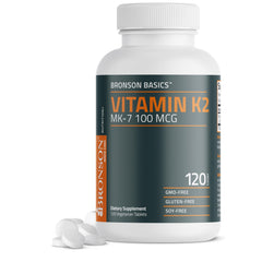 Bronson frasco frontal de Vitamin K2 MK‑7 120 tabletas muestra dosis clara