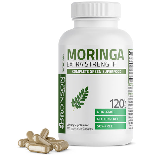 Bronson frasco frontal de Moringa Extra Strength mostrando presentación 120 cápsulas