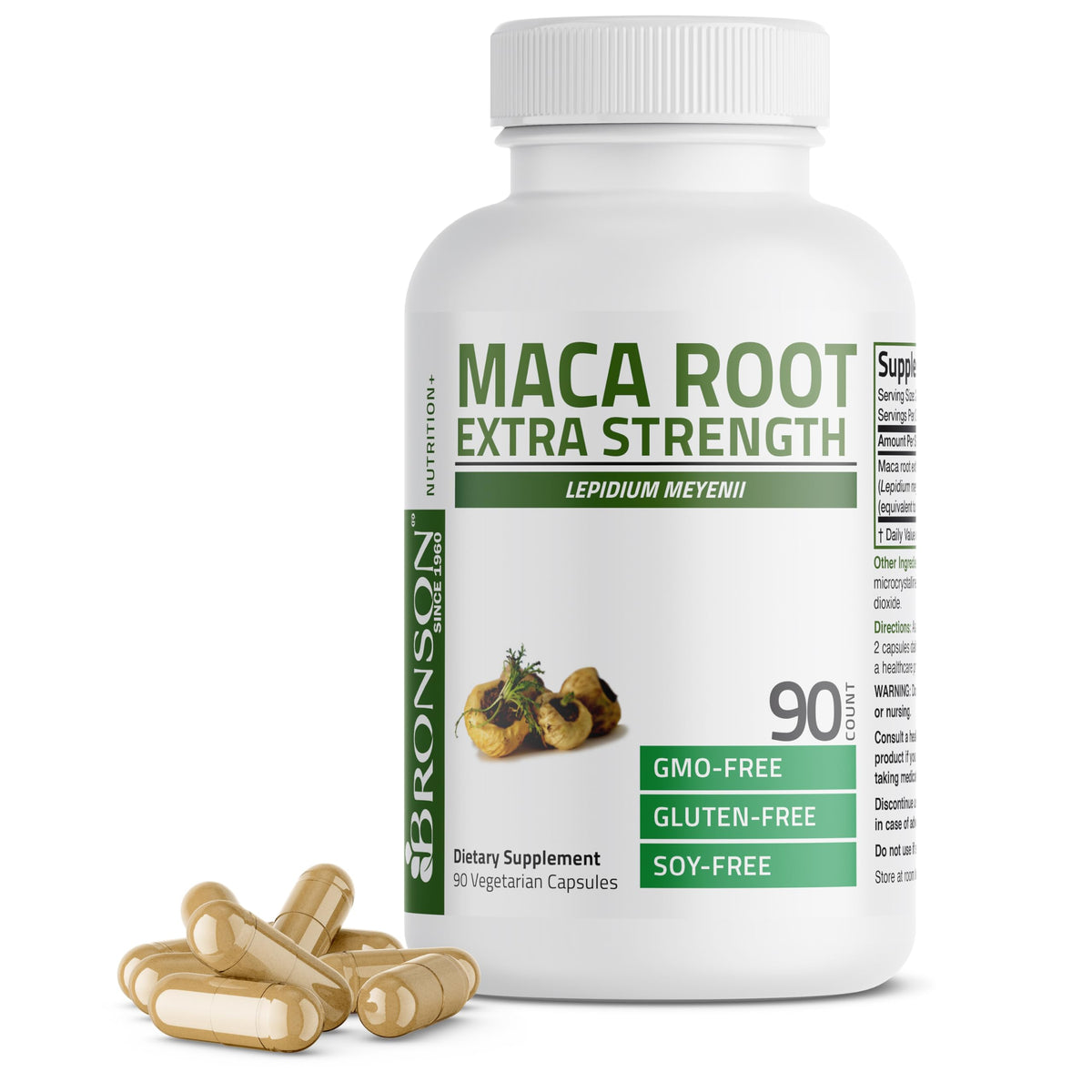Bronson envase frontal de Maca Root Extra mostrando benefits de energía
