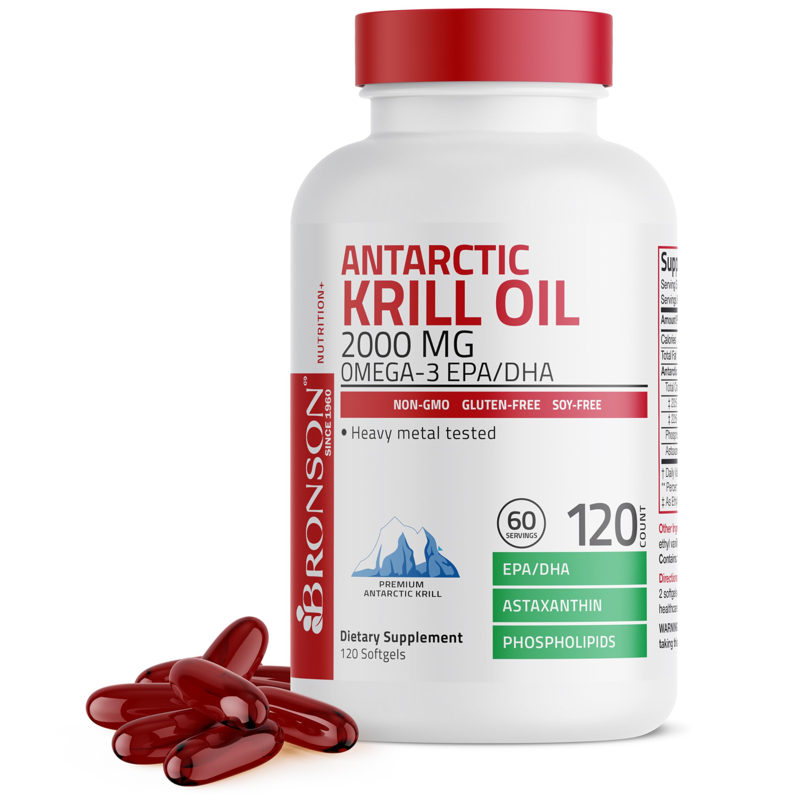 Bronson frente del envase mostrando 120 softgels y ventaja de dosis elevada