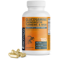 Bronson envase frontal de glucosamina chondroitin 180 cápsulas mostrando la etiqueta y beneficios