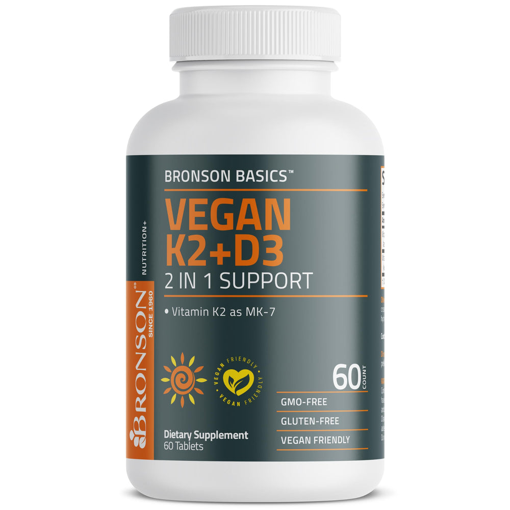 Bronson envase frontal mostrando K2+D3 y beneficios veganos