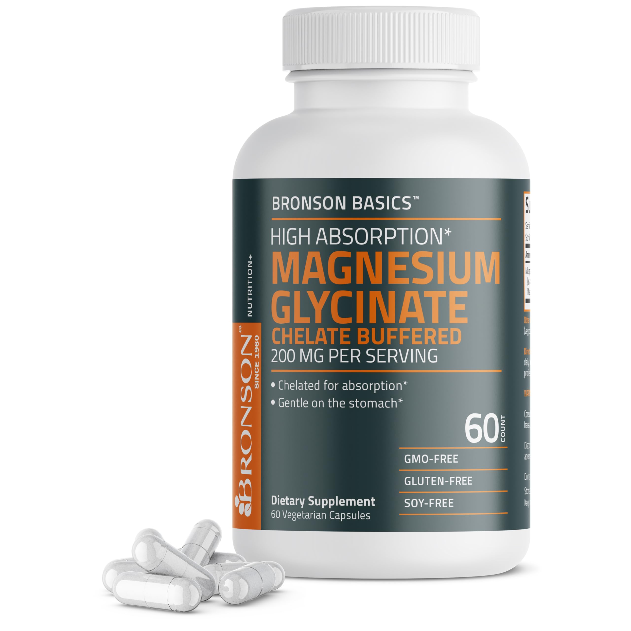 Bronson envase frontal de Magnesium Glycinate mostrando presentación clara y beneficio de absorción