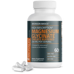 Bronson envase frontal de Magnesium Glycinate mostrando presentación clara y beneficio de absorción