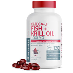 Bronson envase frontal mostrando 120 softgels y beneficios claros