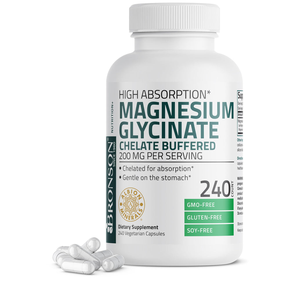 Bronson frontal del envase de Magnesium Glycinate 240 cápsulas mostrando producto y beneficio práctico