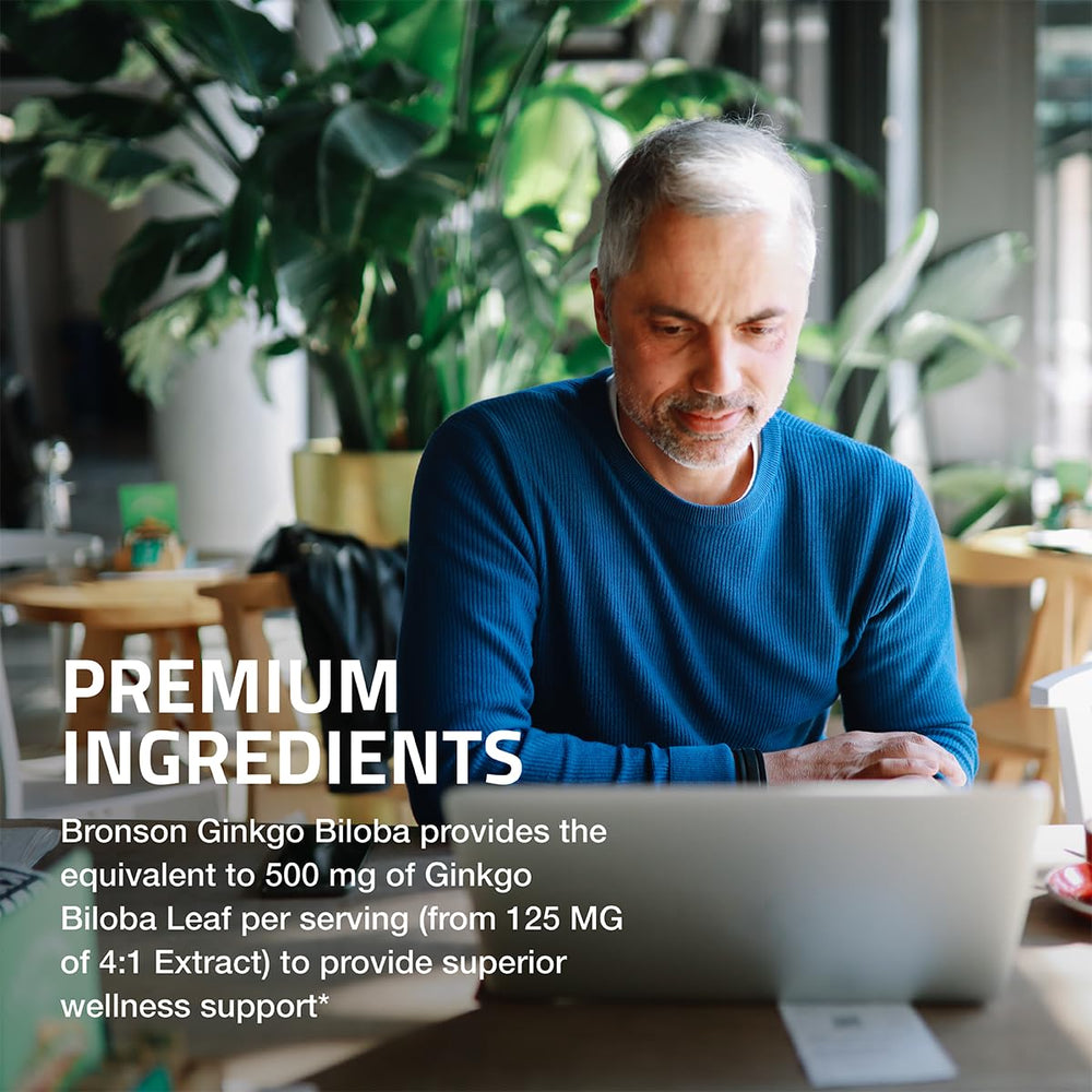 Cápsulas de Bronson Ginkgo Biloba en la palma de la mano.