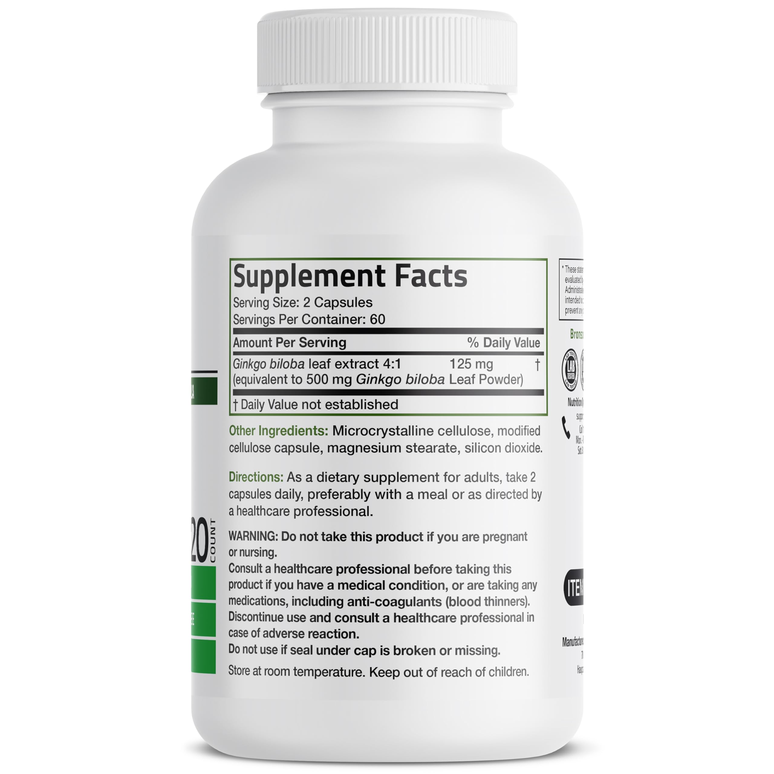 Bronson Ginkgo Biloba: empaque frontal con información clara para uso diario.