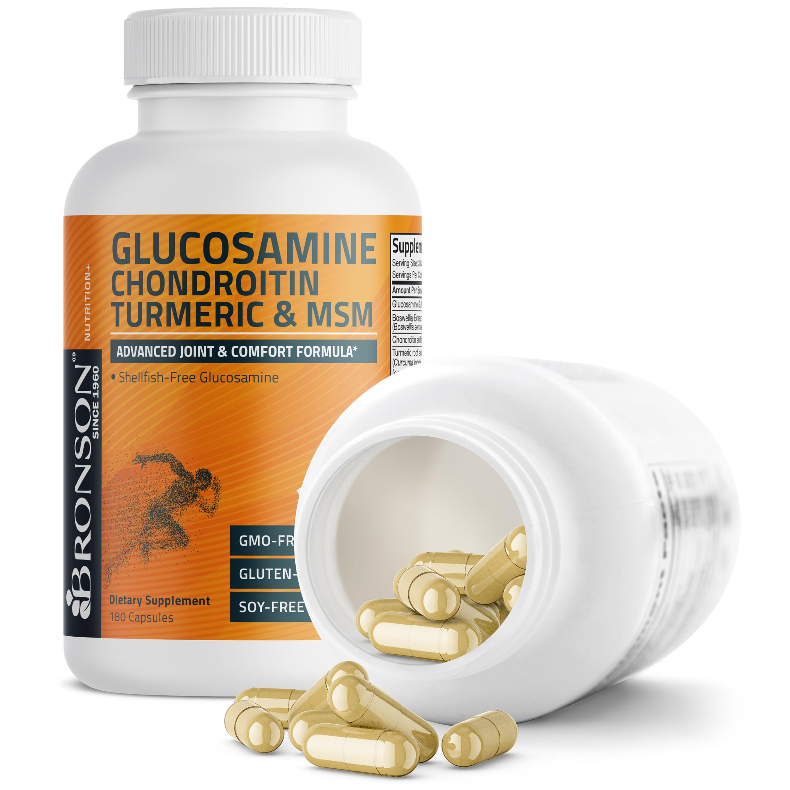 Bronson Glucosamina Condroitina Cúrcuma MSM: botella con cierre seguro para uso continuo.