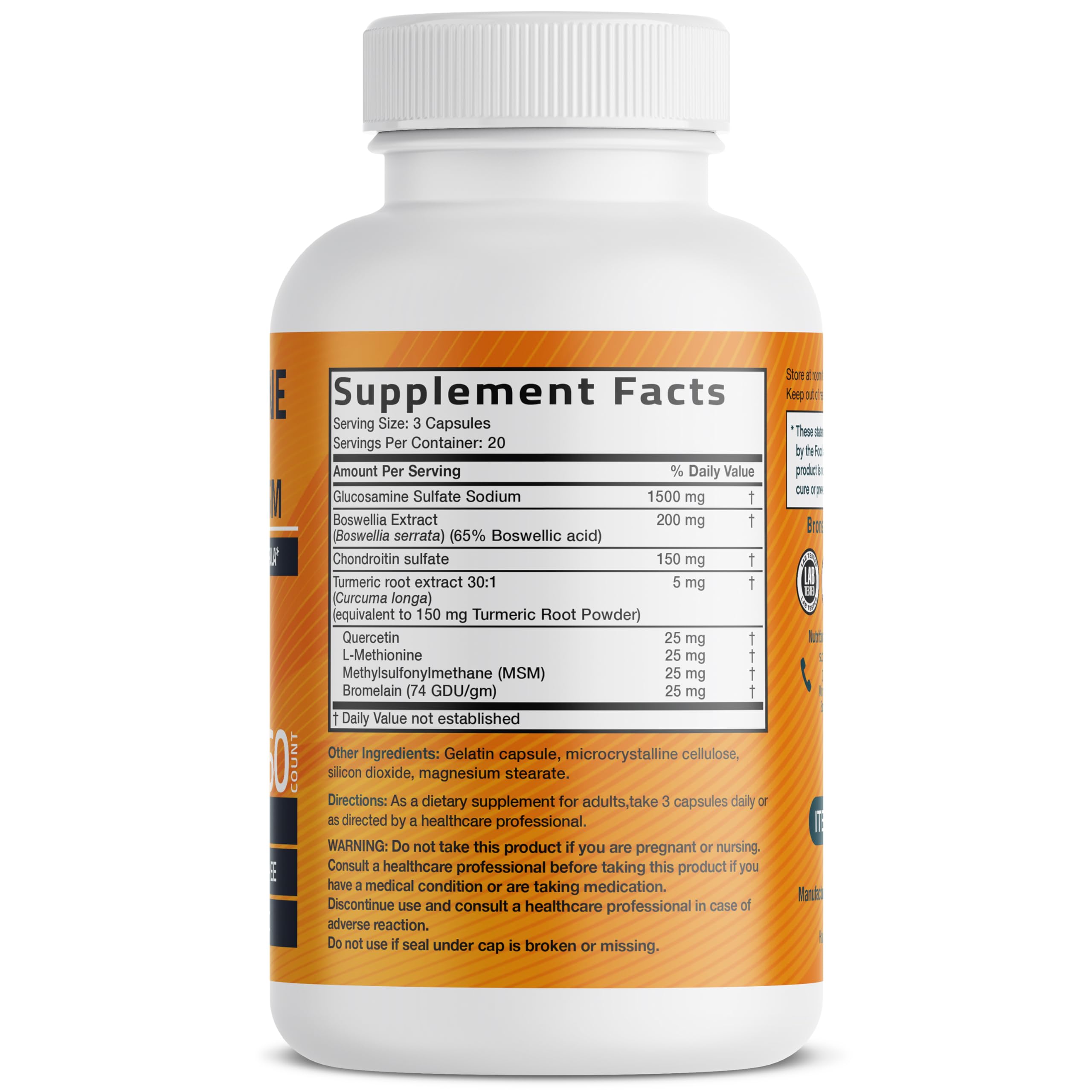Bronson Glucosamina Condroitina Turmeric MSM, envase cerrado para almacenamiento práctico y seguro.
