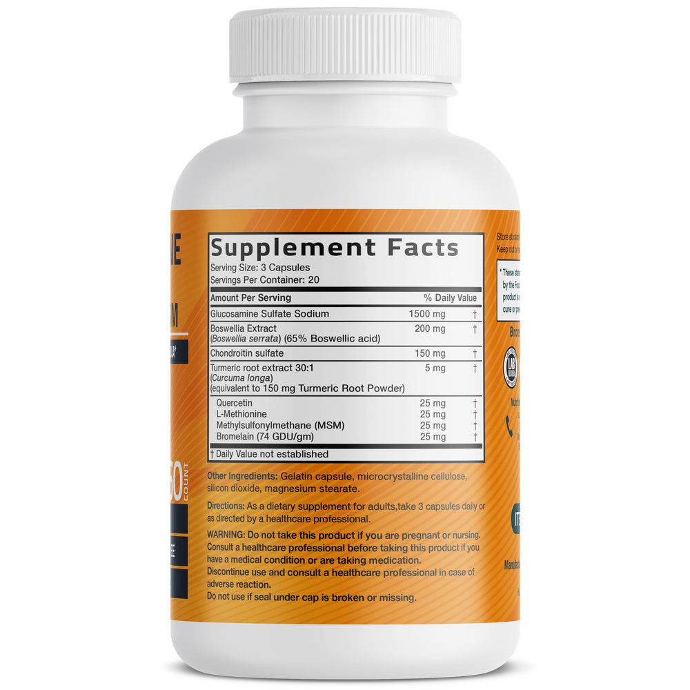 Bronson Glucosamina Condroitina Turmeric MSM, envase cerrado para almacenamiento práctico y seguro.
