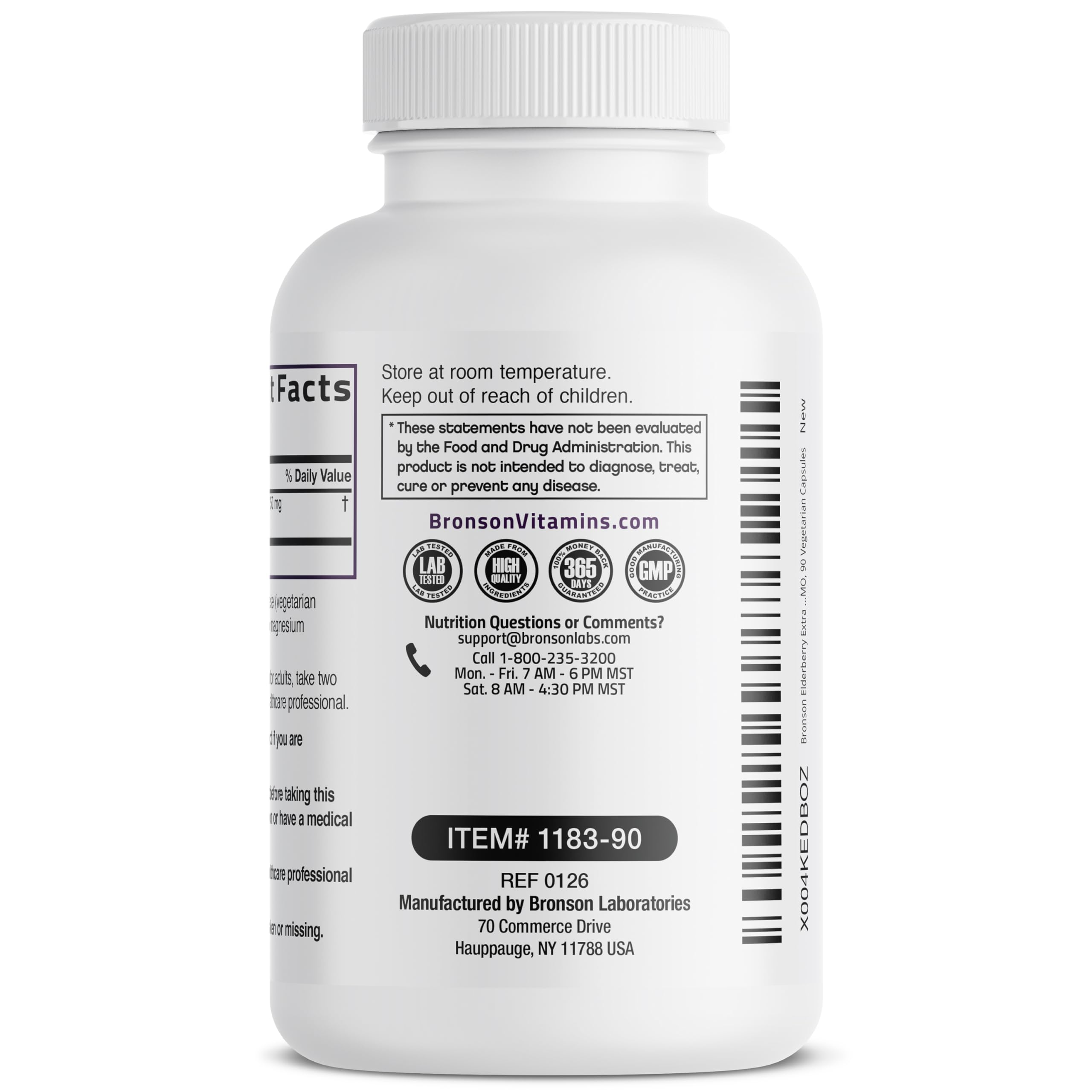 Bronson ingredientes secos de saúco resaltando origen vegetal y antioxidantes