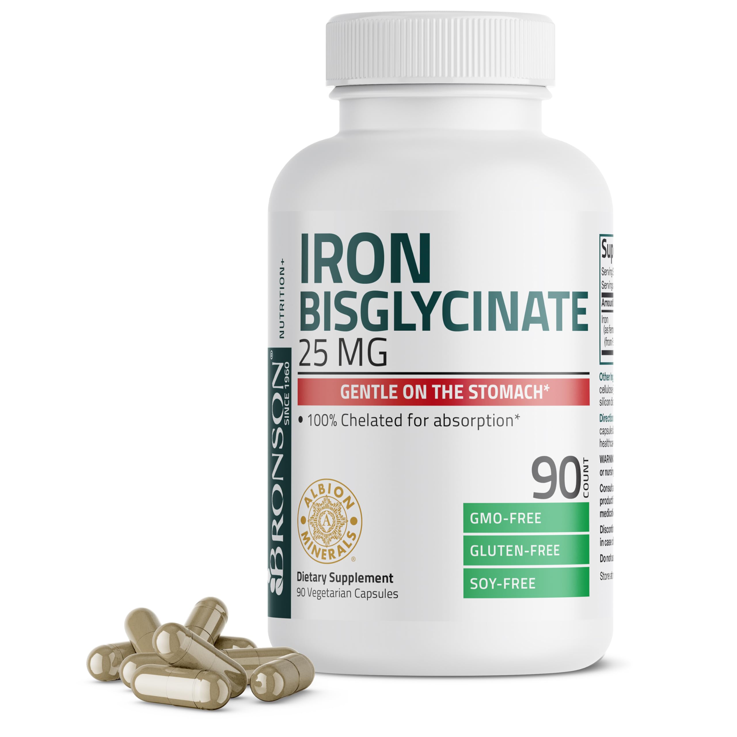 Bronson botella frontal mostrando Iron Bisglycinate 25 mg, fácil identificación y confianza