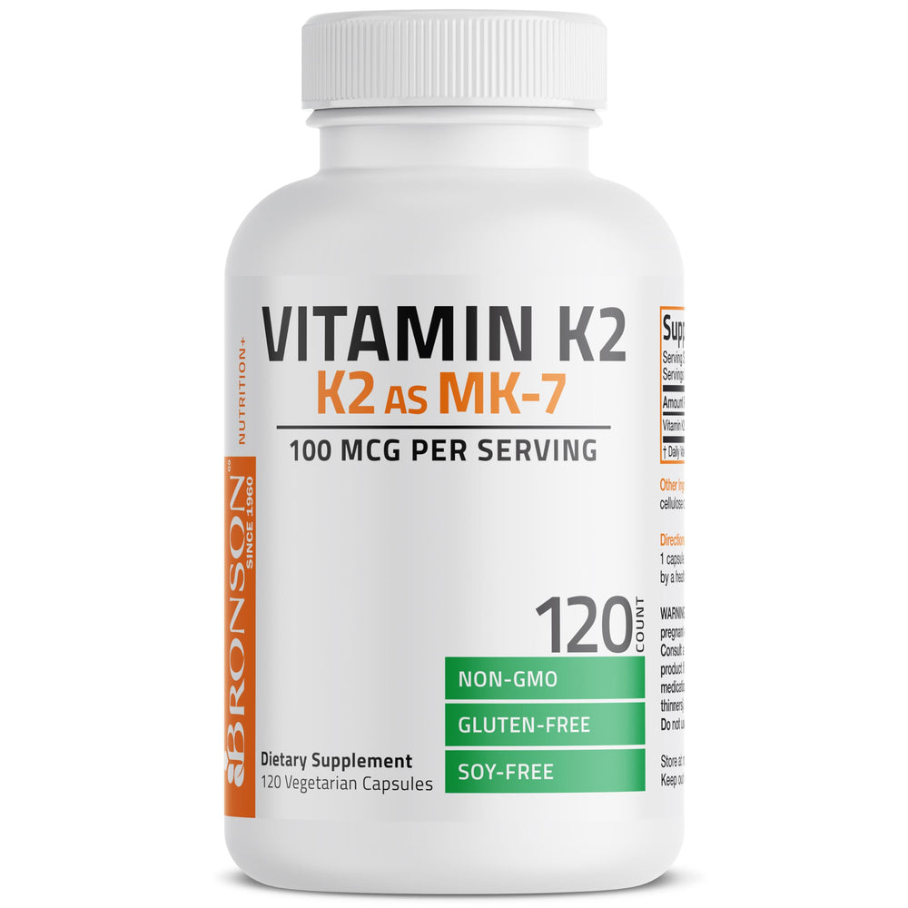 Etiqueta nutricional Bronson K2 MK-7 mostrando dosificación 100 mcg