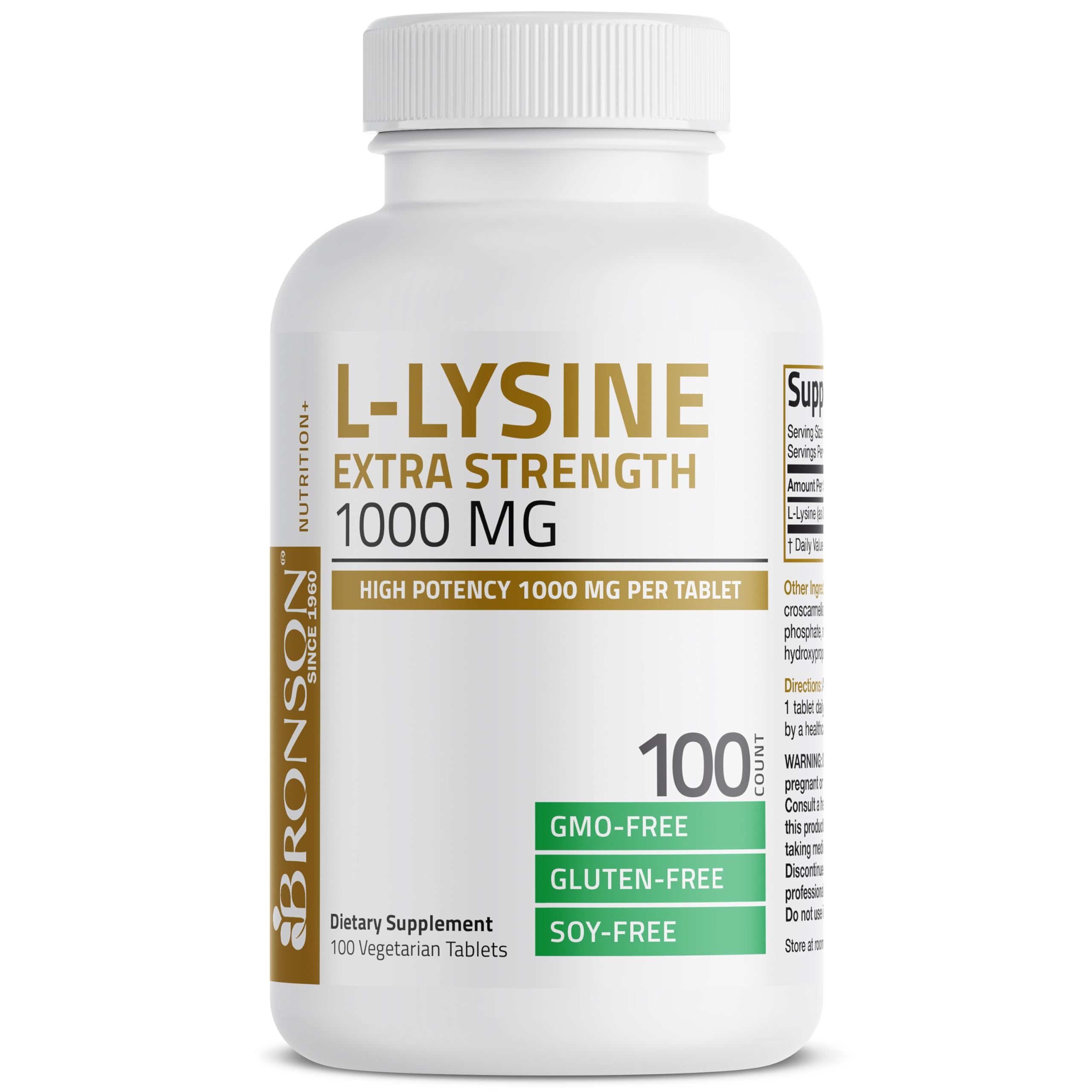 Bronson L-Lysine etiqueta legible con detalles de ingredientes y calidad
