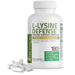 Bronson L-Lysine Defense frente del empaque mostrando la marca y tamaño 180 cápsulas, confianza