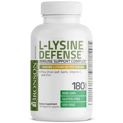 Primer plano de la etiqueta nutricional de Bronson L-Lysine Defense, información transparente