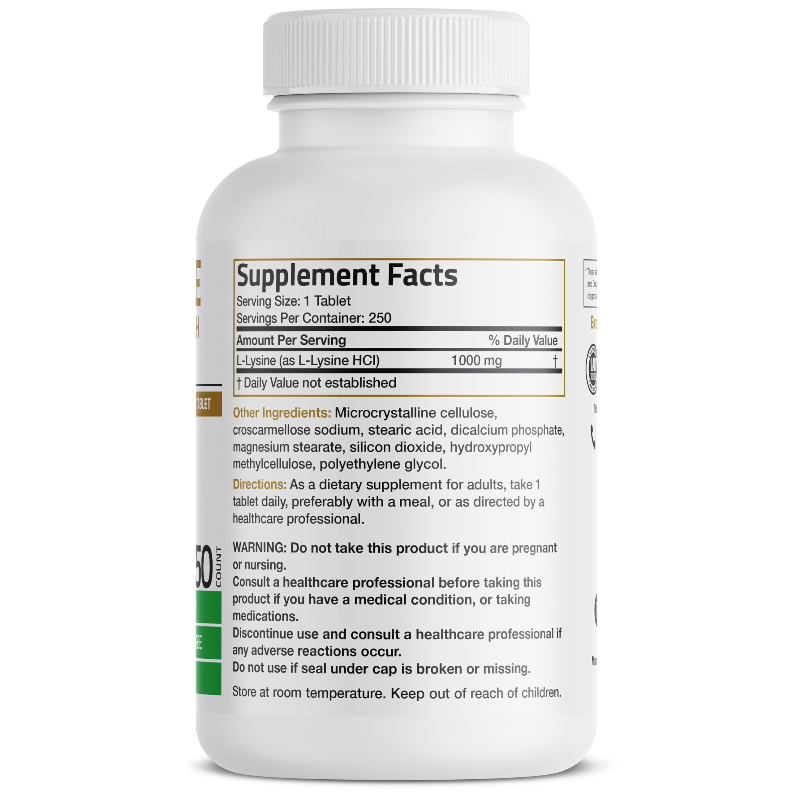 Etiqueta de Bronson L-Lysine con información de ingredientes y certificados