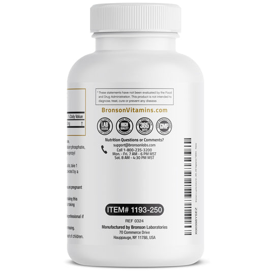 Detalle de una tableta Bronson L-Lysine mostrando su textura y pureza