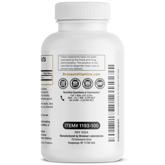 Bronson L-Lysine primer plano de tabletas mostrando textura y pureza