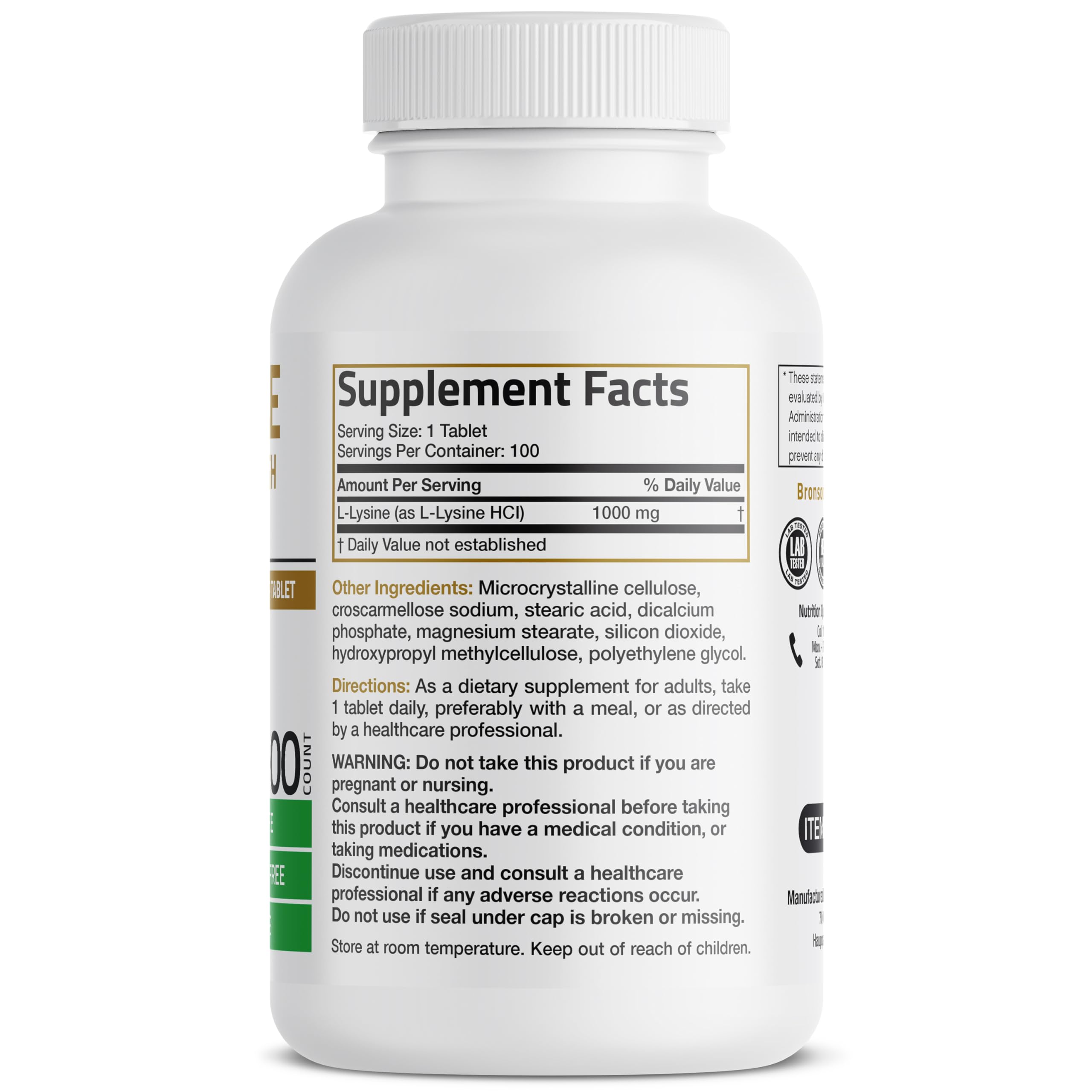 Bronson L-Lysine tableta en mano para mostrar tamaño y facilidad