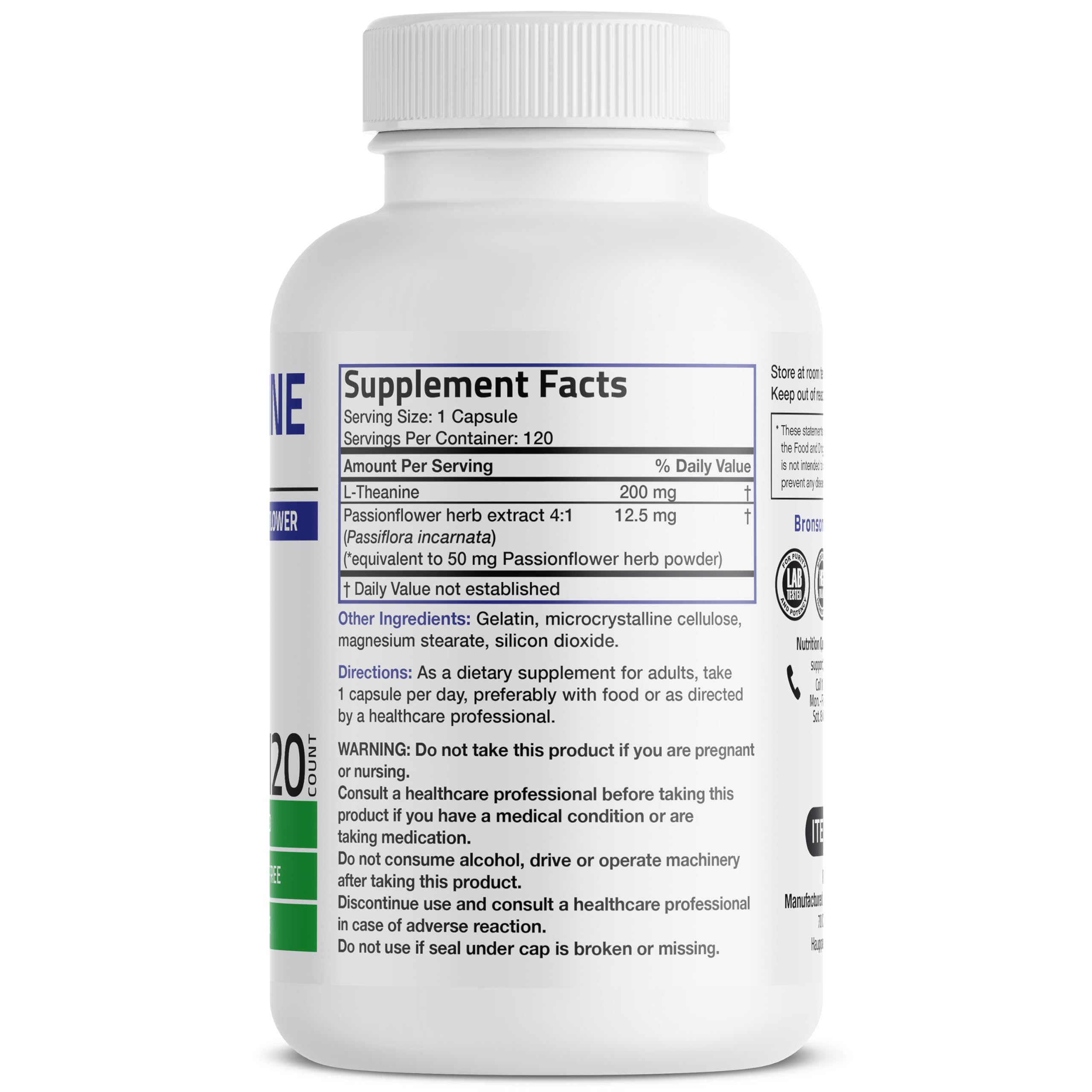 Bronson L-Theanine 200 mg etiqueta ingredientes clara y útil.