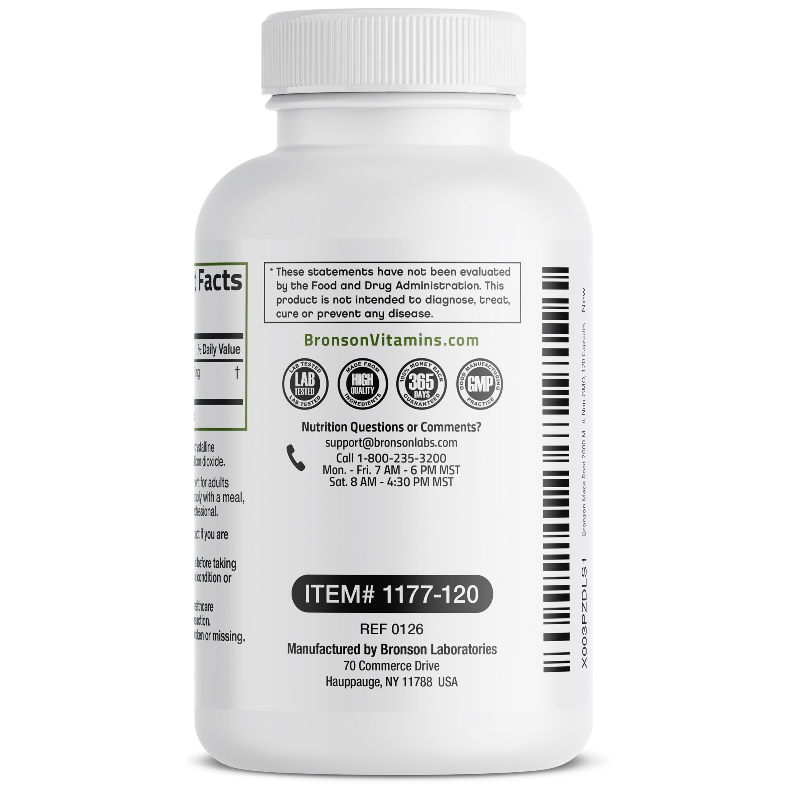 Bronson etiqueta con ingredientes y sellos cGMP, transparencia y control