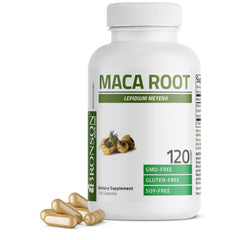 Bronson maca root frente del envase mostrando marca y cantidad, confianza y calidad