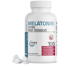 Bronson envase frontal de Melatonin 10 mg con diseño claro y fácil identificación del producto