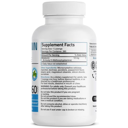 Bronson Melatonina 12 mg, envase 360 unidades, práctico para uso nocturno.