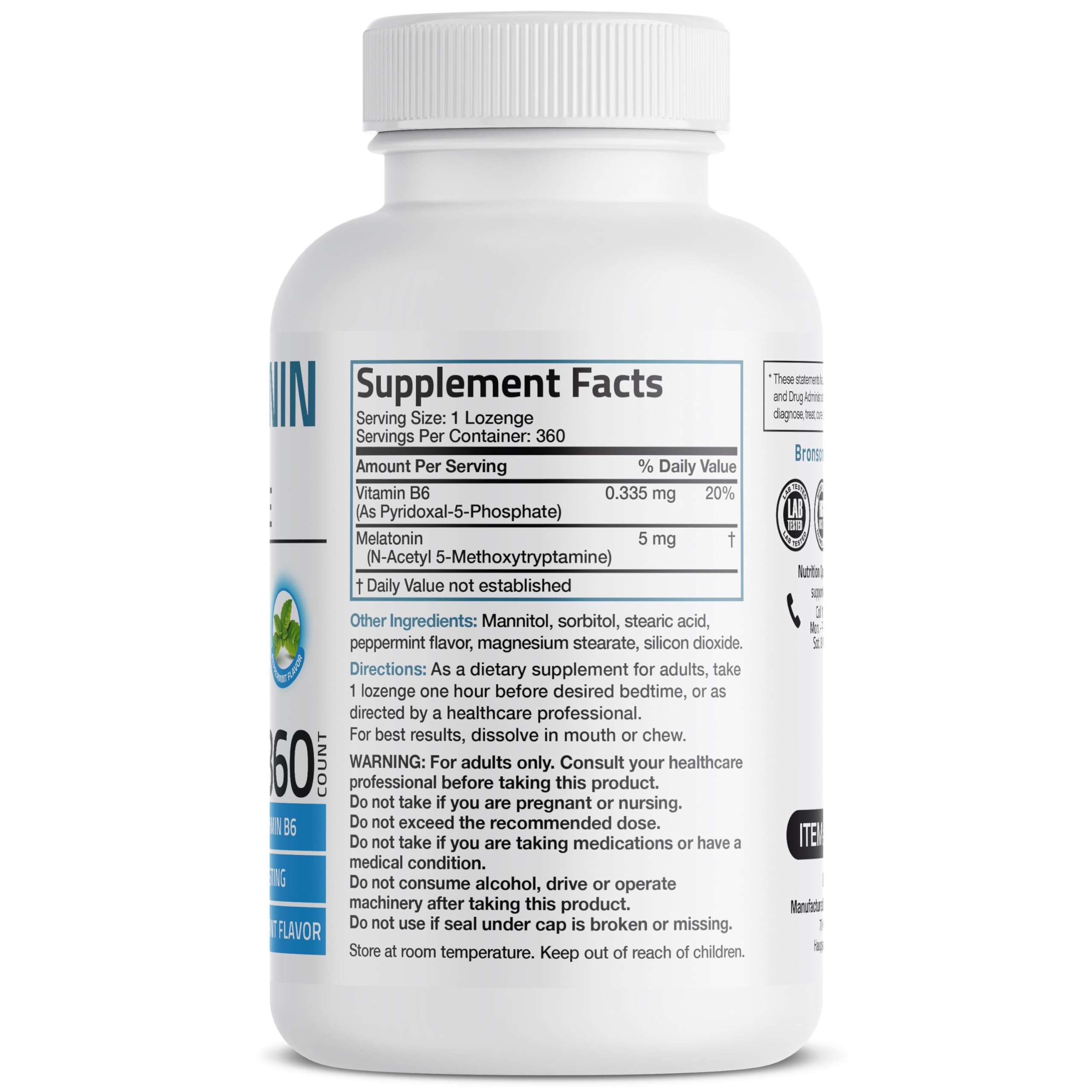 Bronson Melatonina 5mg botella con etiqueta visible para consulta de ingredientes