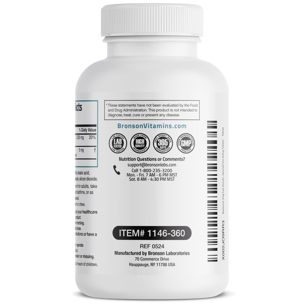 Bronson Melatonina 5mg detalle de la tableta menta con sabor agradable