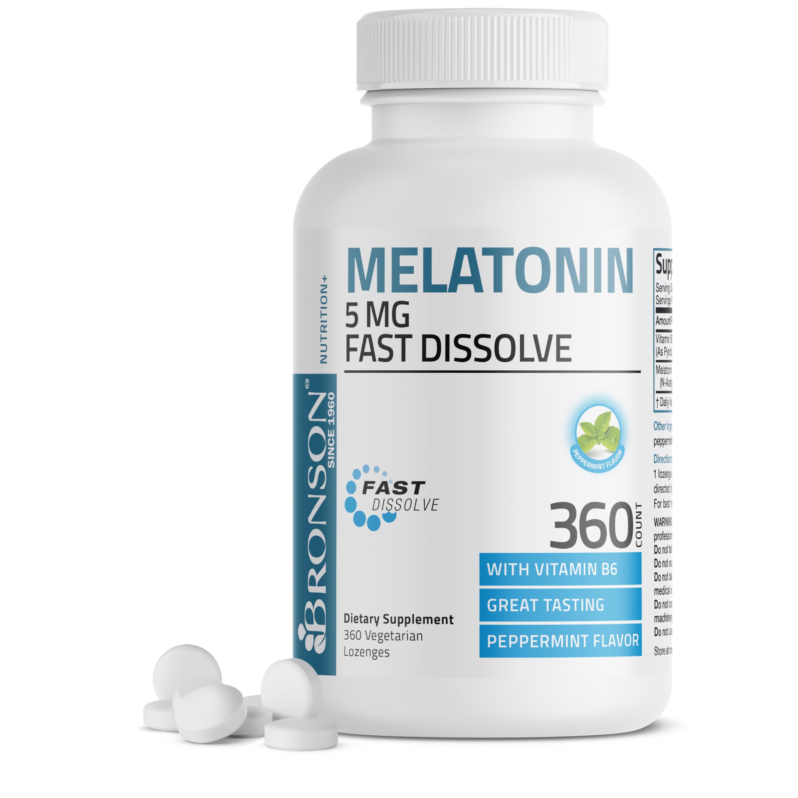 Bronson melatonina 5 mg imagen del frente del envase mostrando 360 unidades y beneficios