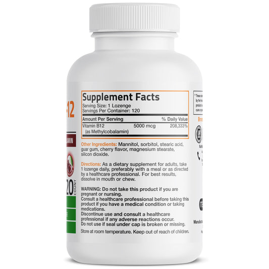 Etiqueta frontal de Bronson Methyl B12, lectura clara para verificar dosis y posibles beneficios