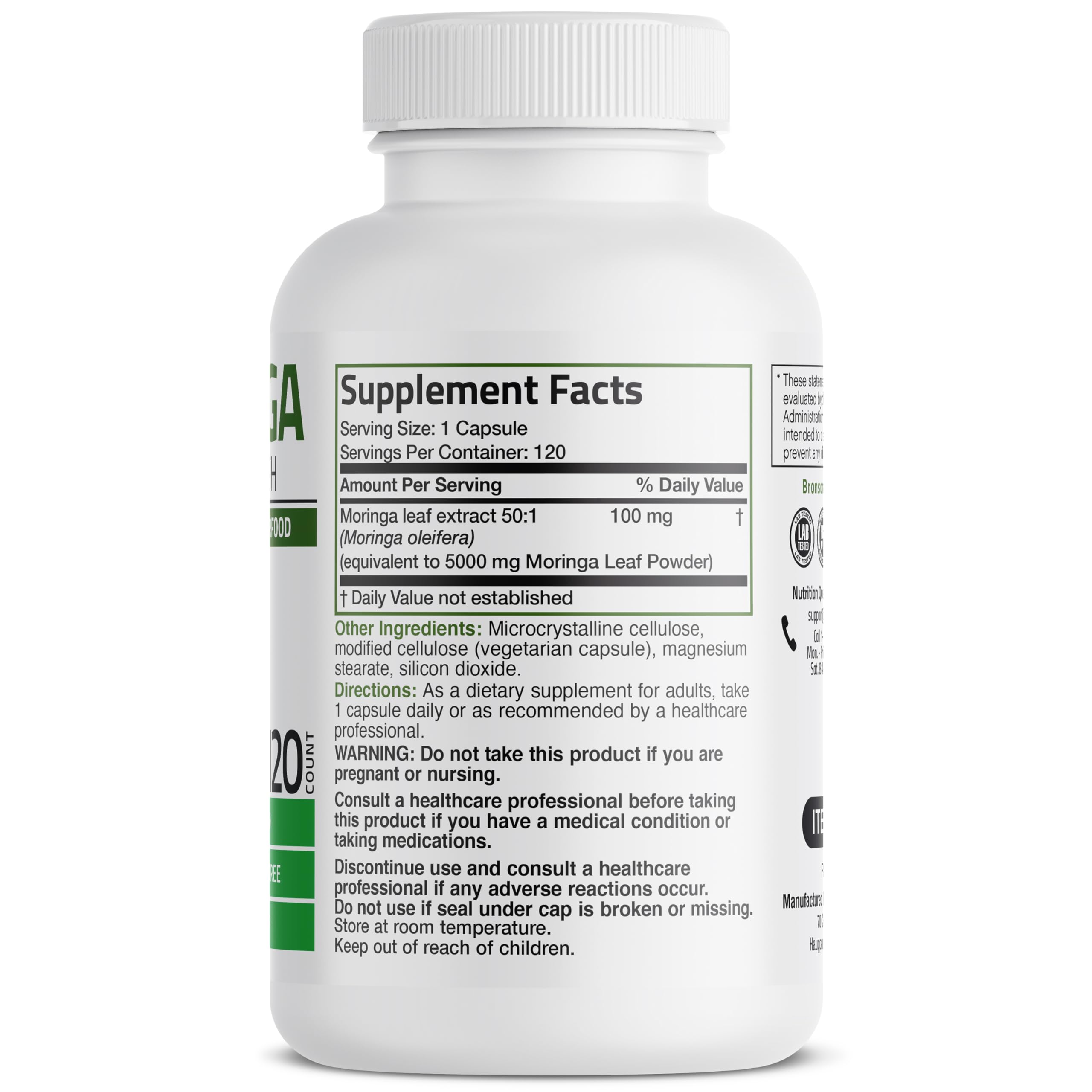 Etiqueta Bronson Moringa Fuerza Adicional destaca pureza y fabricación de calidad.