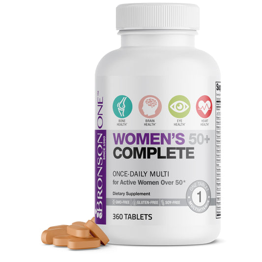Bronson frente del empaque mostrando multivitamínico para mujeres 50+ y conveniencia