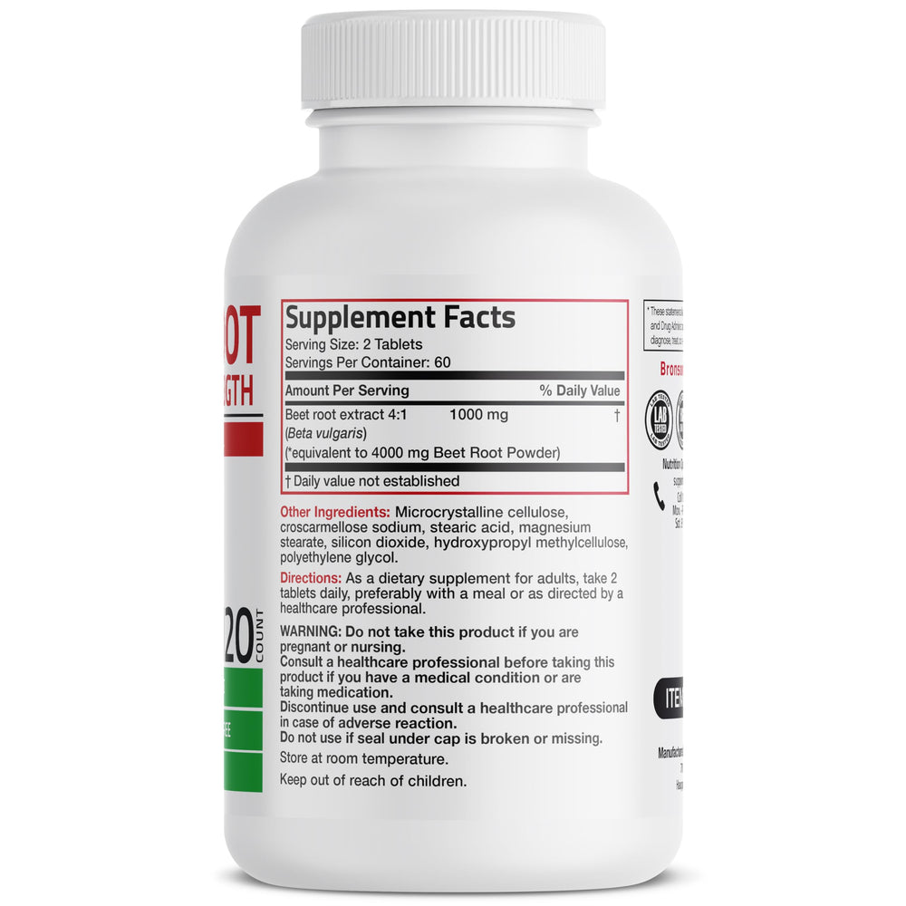 Bronson Beet Root Double Strength envase de 120 tabletas para conveniencia.