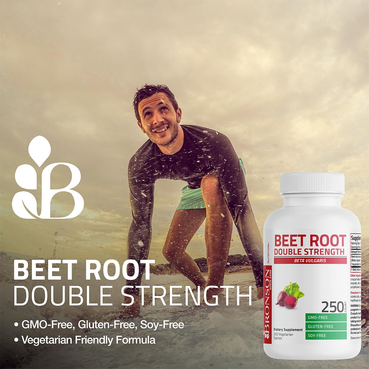 Bronson Beet Root Double Strength etiqueta clara con información de calidad.