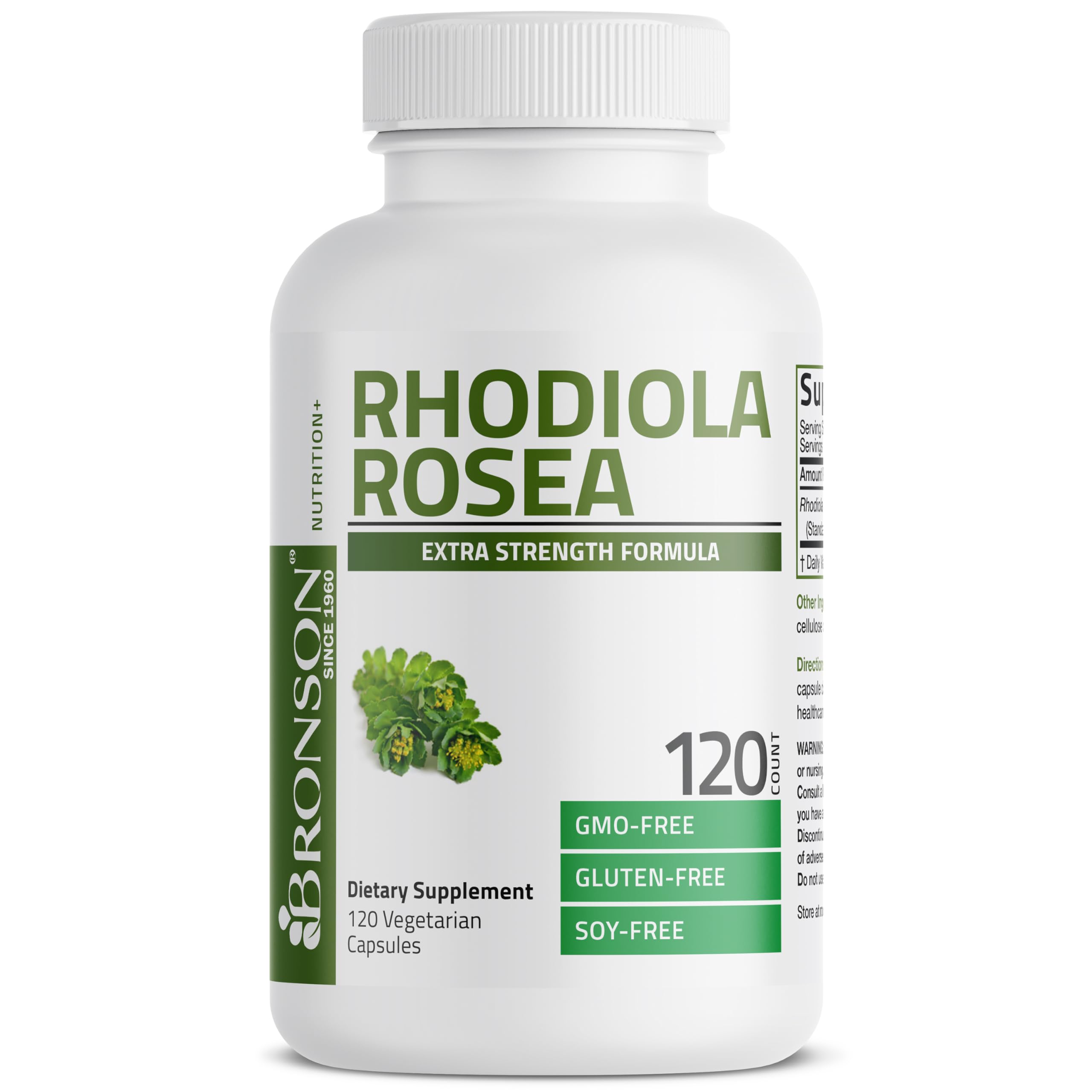 Bronson Rhodiola envase frontal mostrando etiqueta y beneficios claros