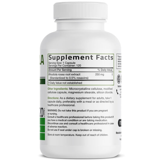 Bronson Rhodiola Rosea, etiqueta visible, suplemento herbáceo para mejorar la resistencia al estrés.