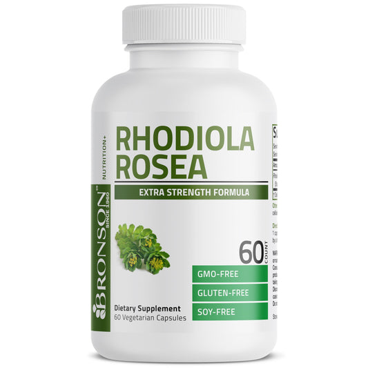 Bronson Rhodiola Rosea frasco de cápsulas vegetarianas para apoyo diario.