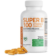 Bronson Super B100 frente del envase mostrando 250 tabletas y conveniencia