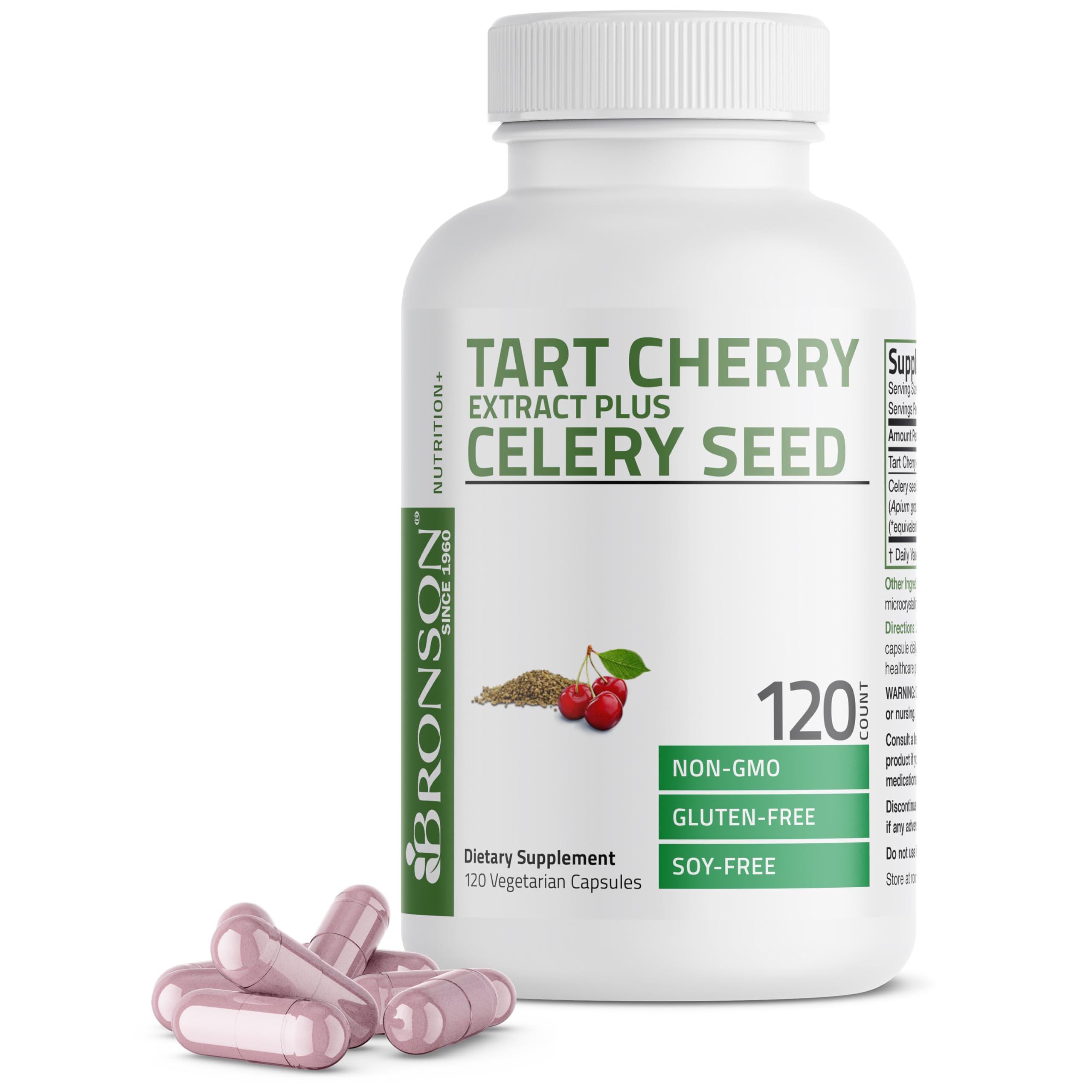 Bronson Tart Cherry Extract Celery Seed Capsules - envase vegetariano en estante