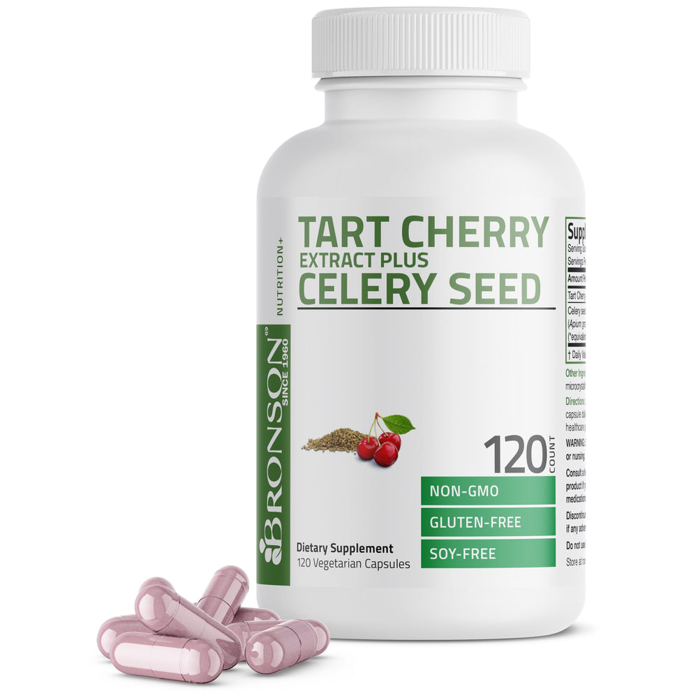 Bronson Tart Cherry Extract Celery Seed Capsules - envase vegetariano en estante
