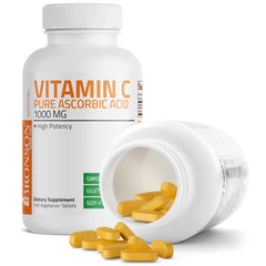 Bote abierto de Bronson Vitamin C con tabletas visibles, fácil almacenamiento
