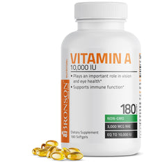 Bronson botella frontal mostrando 180 softgels y beneficio para visión